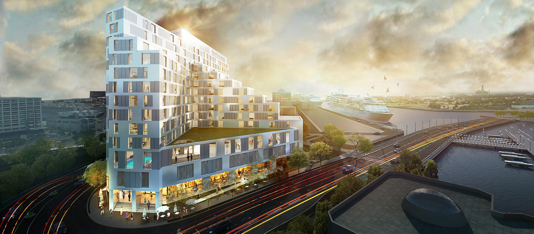 photo rendering of 510 room dual-brand hotel project at Parcel A in the Seaport